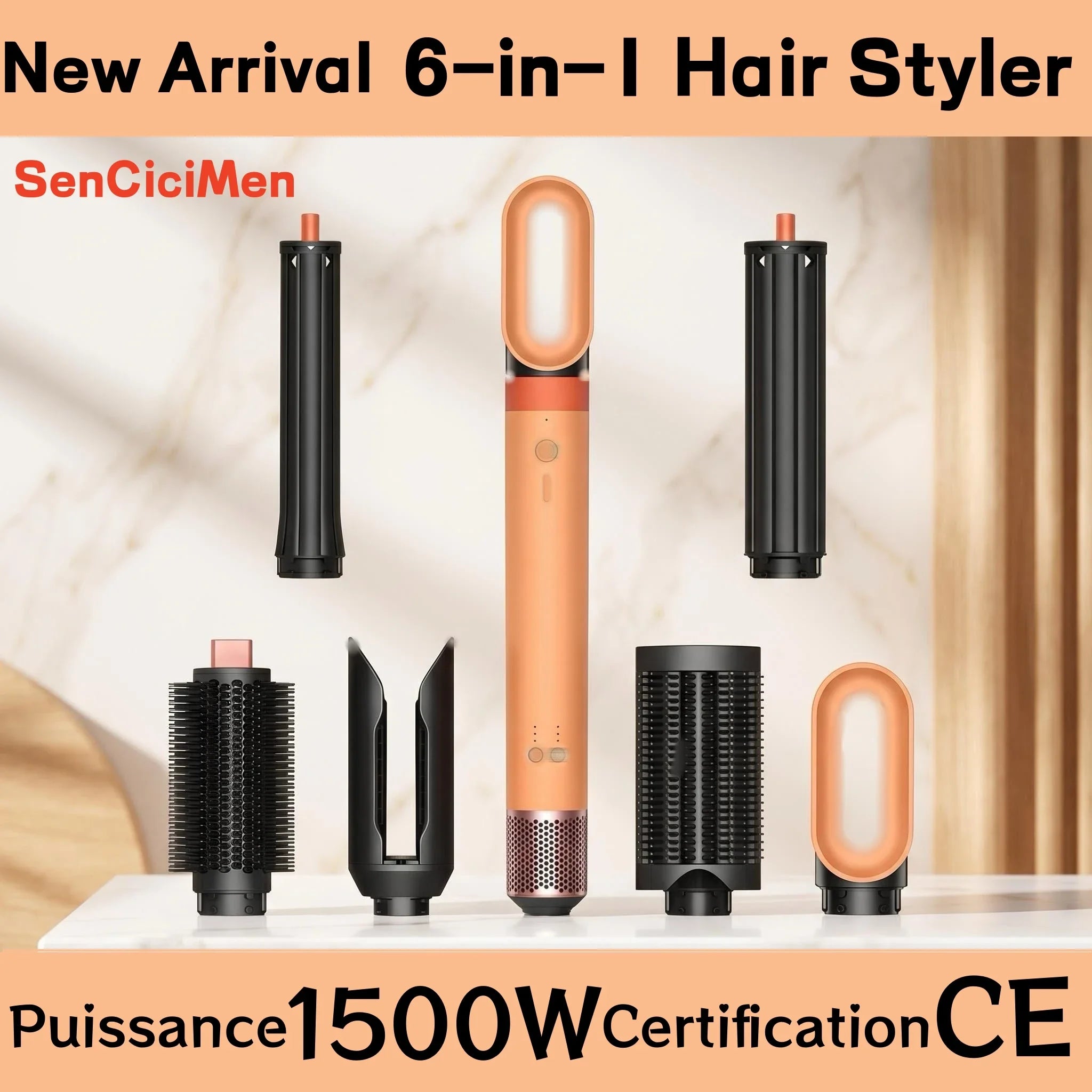 6-in-1 orange negative ion hair dryer set with curling attachments, blow dry brush, and styling tools for smooth hair.
