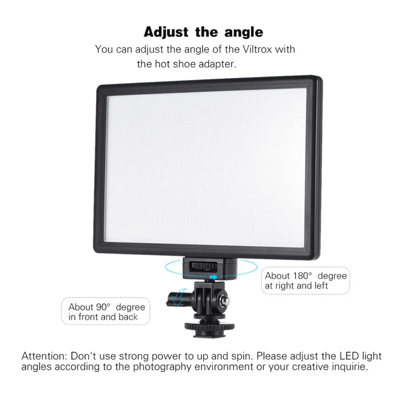 Black rectangular LED video light panel with a tilting and swiveling hot shoe adapter for camera mounting.