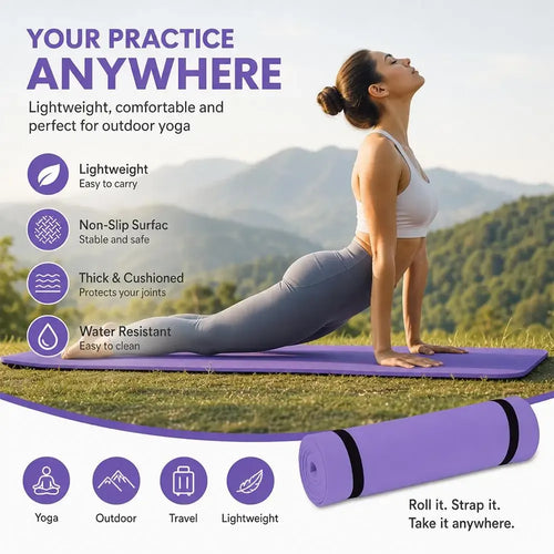 Nonslip yoga mat for fitness and Pilates, lightweight portable exercise mat with carrying strap for outdoor practice.