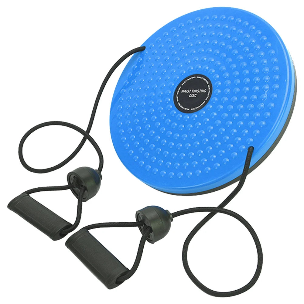 Blue plastic waist twisting disc with textured surface and two attached black resistance exercise bands with handles.