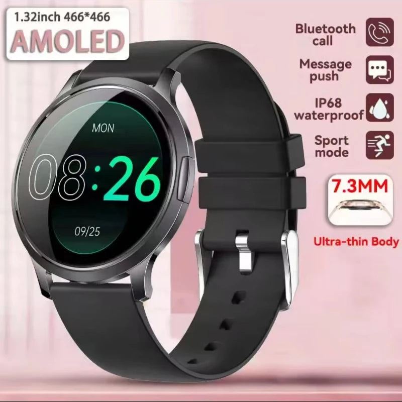Women’s ultra-thin AMOLED smart watch, black silicone strap, round black display