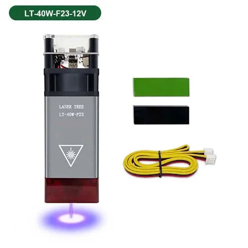 Laser module with lens and colored cable, plus rectangular green and black focus plates
