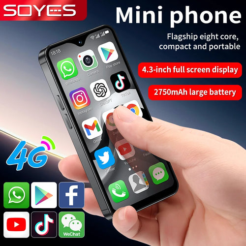 SOYES F9 Max black mini 4G smartphone, 4.3-inch screen, octa-core, 2750mAh battery, held in hand, front-angle view.
