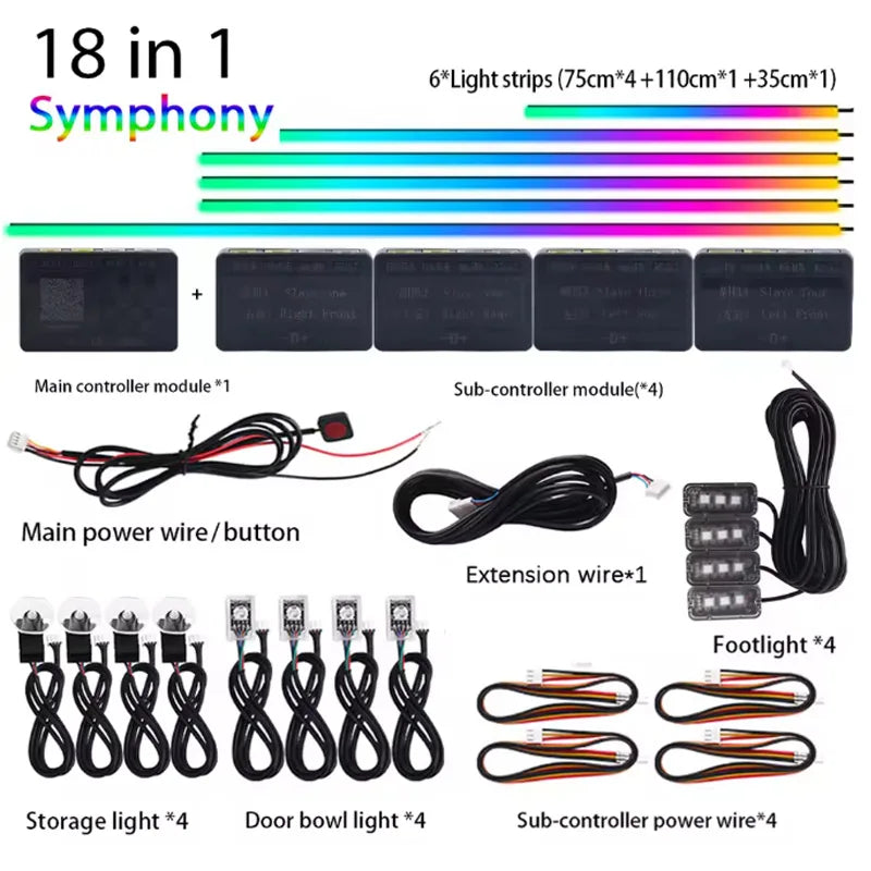 Tidesmit RGB Symphony Car Ambient Lighting Kit - Customizable LED Strips 18 in 1 Symphony Tidesmit
