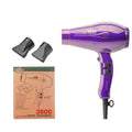 Purple 2100W ionic hair dryer with two concentrator nozzles for professional styling, plus product box and manual.