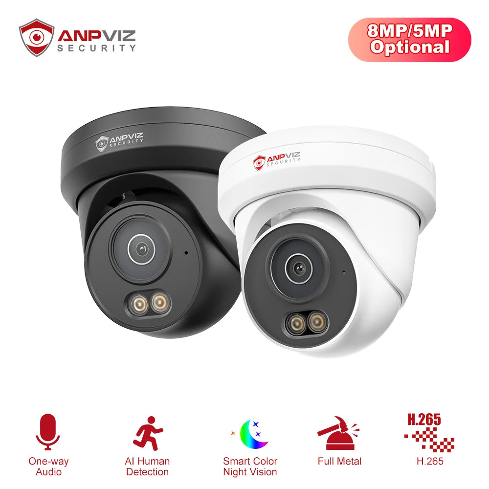 Anpviz 5MP/8MP Turret POE IP Camera Outdoor Security IP Camera AI Human Detection Smart Dual Light Built-in Mic Full Metal IP66