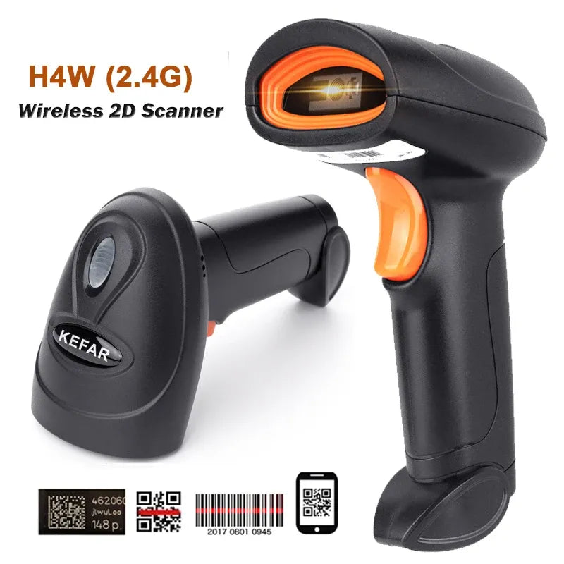 KEFAR H4W (2.4G) wireless 2D barcode scanner, black with orange scanning window