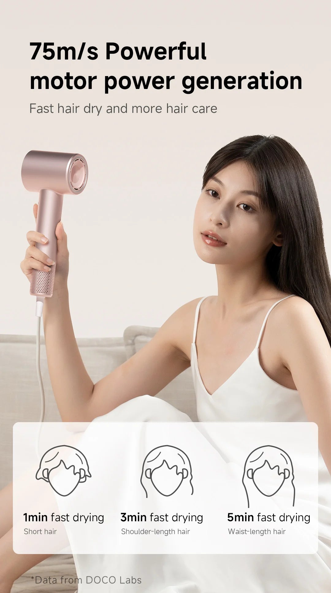 DOCO high-speed rose gold hair dryer, 110k RPM professional negative ion blow dryer for fast drying.