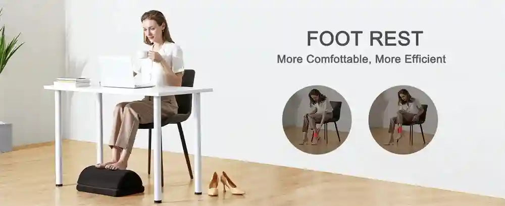 Woman using an adjustable black memory foam under desk foot rest for ergonomic office comfort and pain relief.
