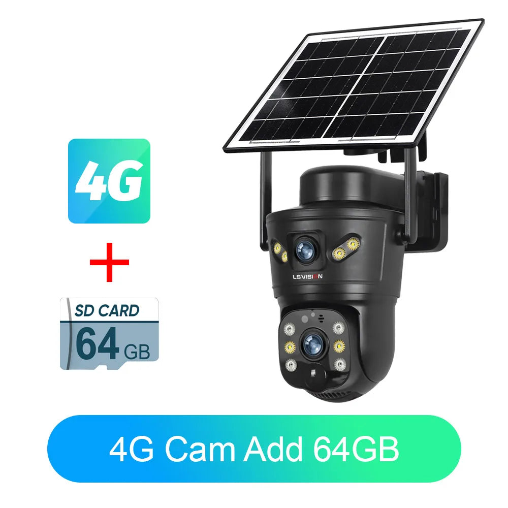 Outdoor solar security camera with dual lenses, 4G, 64GB SD card