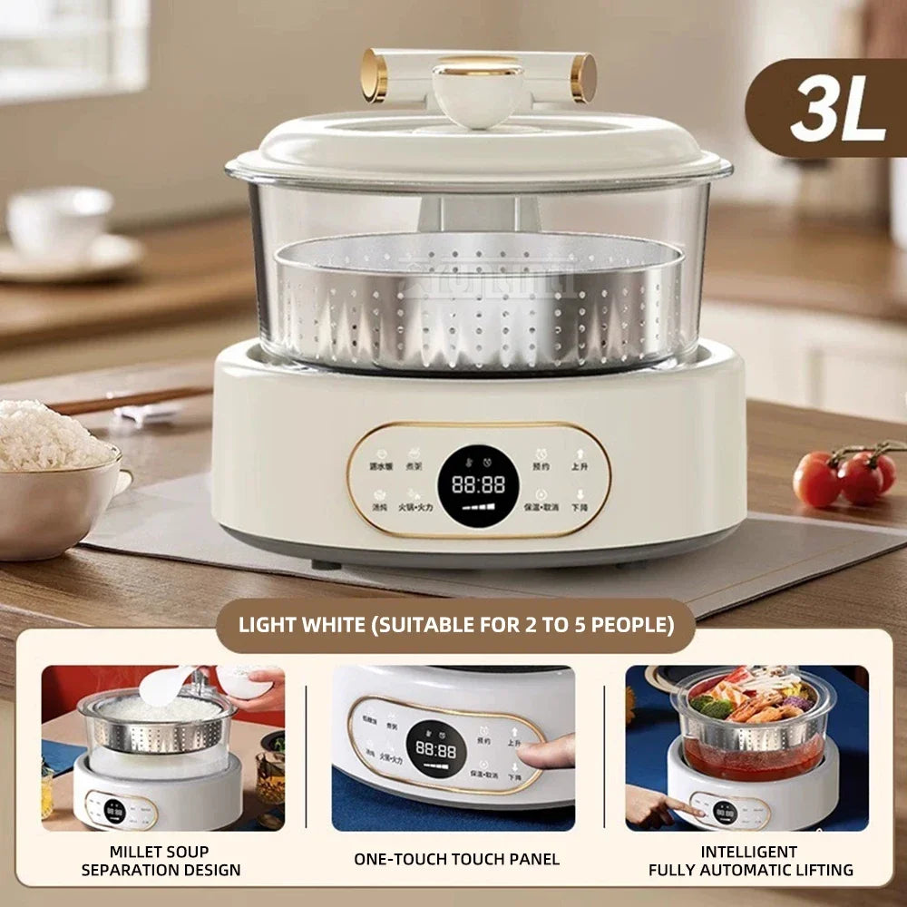 Light white 3L rice steamer multi-cooker with clear display panel and lifting lid