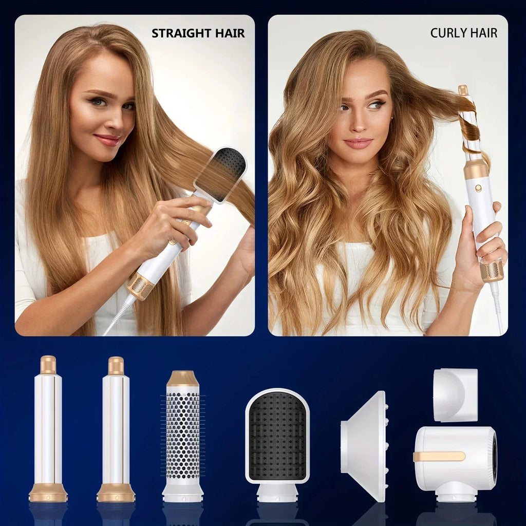 7-in-1 white and gold high-speed hair dryer styling set with curling iron, straightener brush, and blowout attachments.