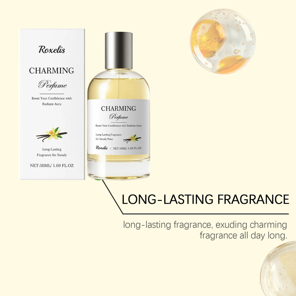 Roxelis Charming 50ml amber vanilla perfume spray for women in a sleek round glass bottle with silver cap.