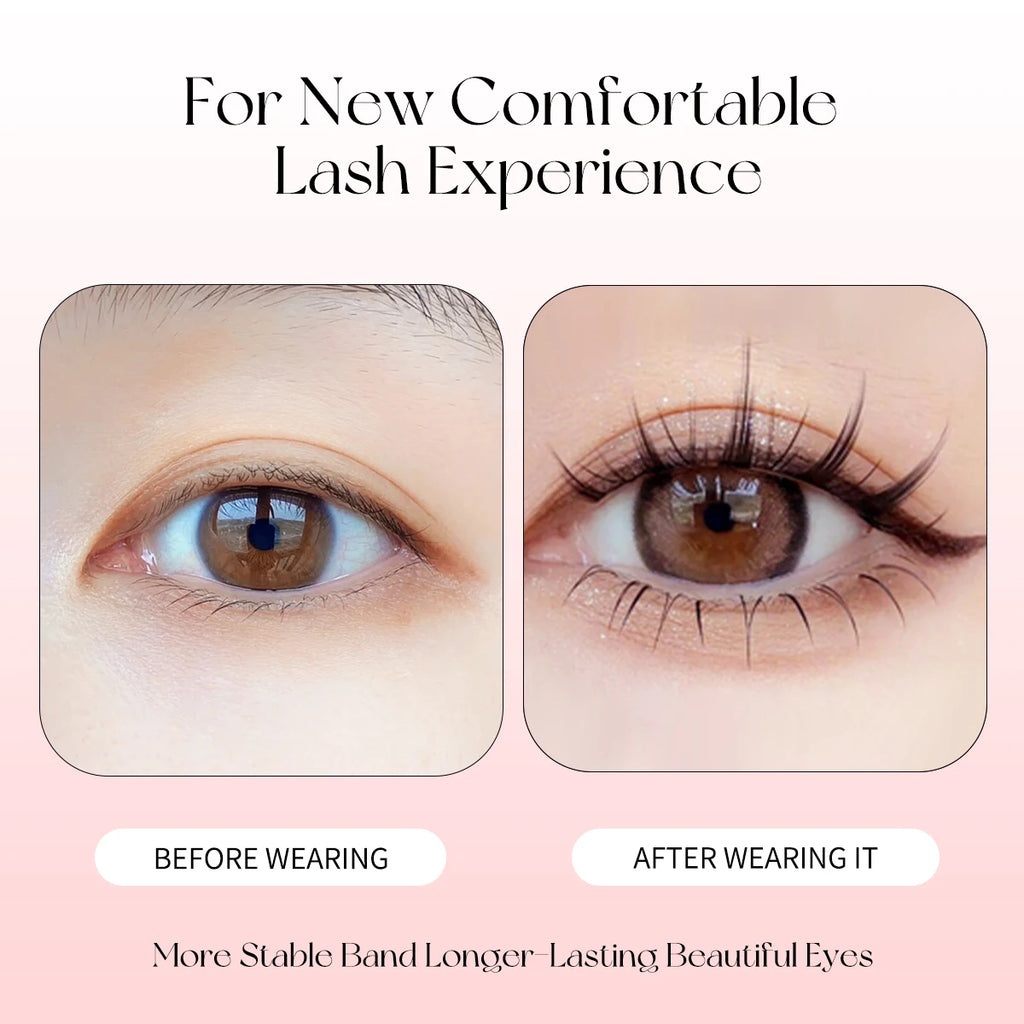Before and after comparison of wispy, black manga-style false lashes on an eye for a natural Korean doll look.