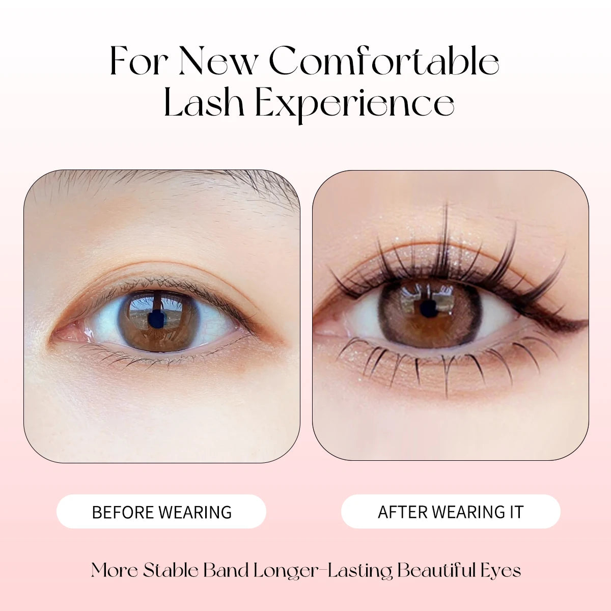 Before and after comparison of wispy, black manga-style false lashes on an eye for a natural Korean doll look.