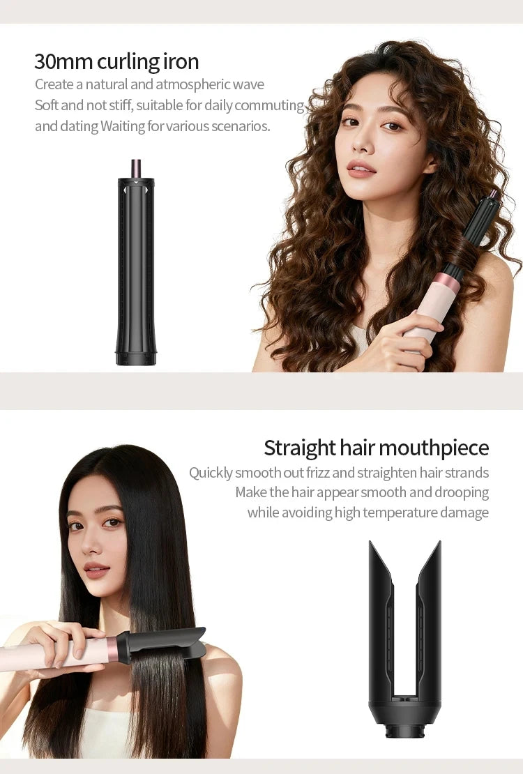 6-in-1 negative ion hair styler with 30mm curling iron and straightener attachment in blush pink and black finish.