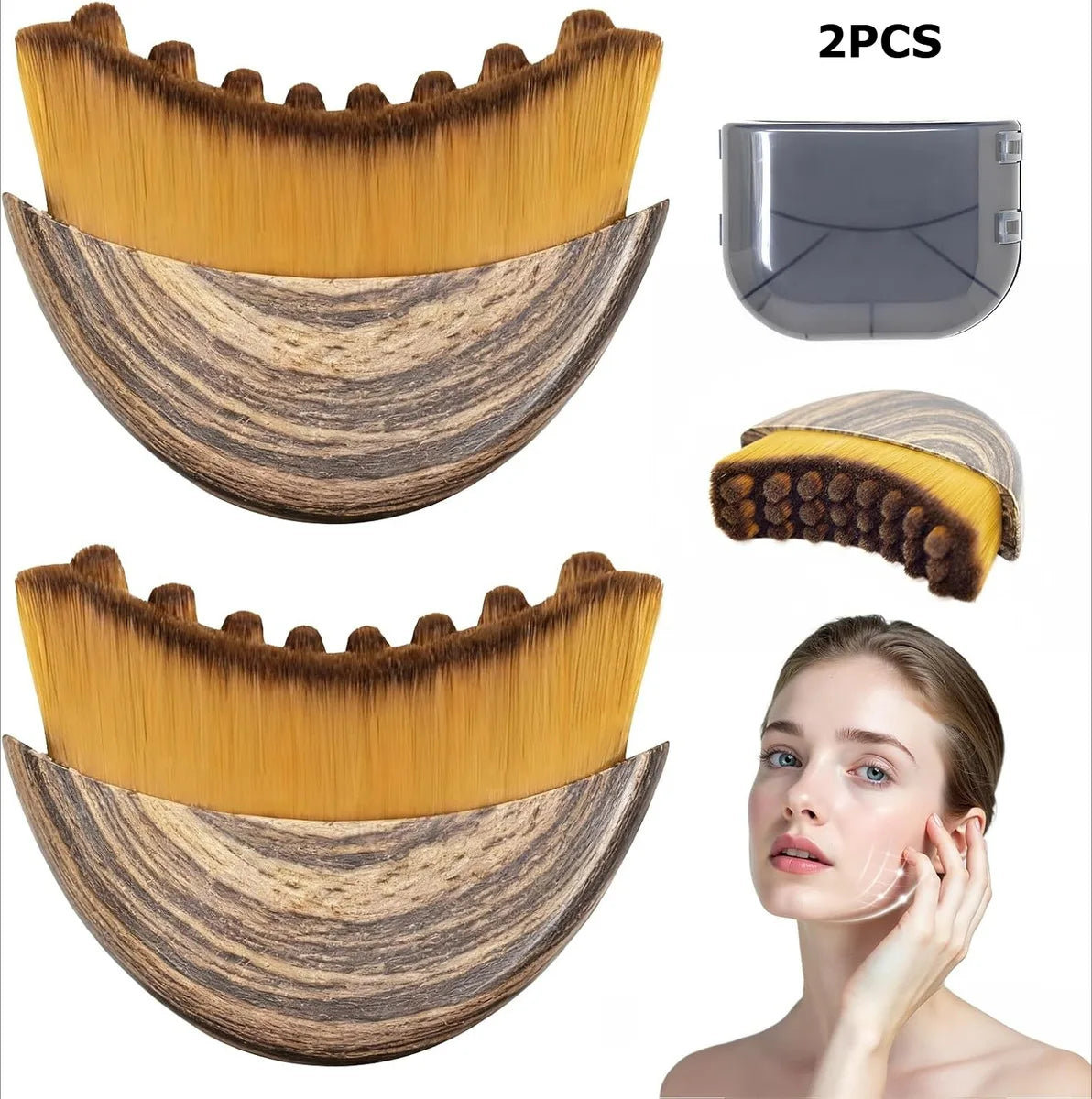 Two crescent-shaped facial sculpting brushes with wood-grain handles, yellow bristles, and a protective case.