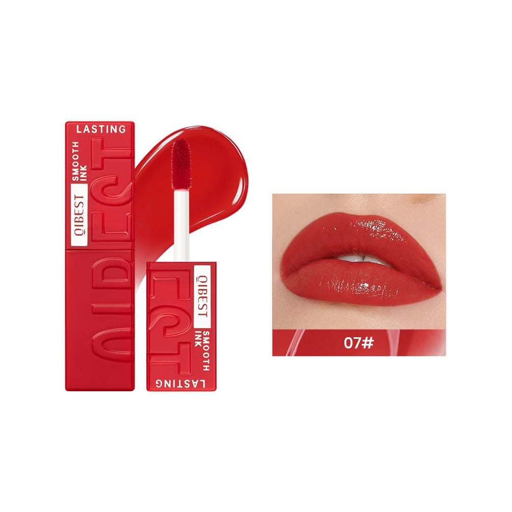 QIBEST red watery lip gloss, long-lasting mirror finish liquid lipstick with moisturizing formula for glossy lips.
