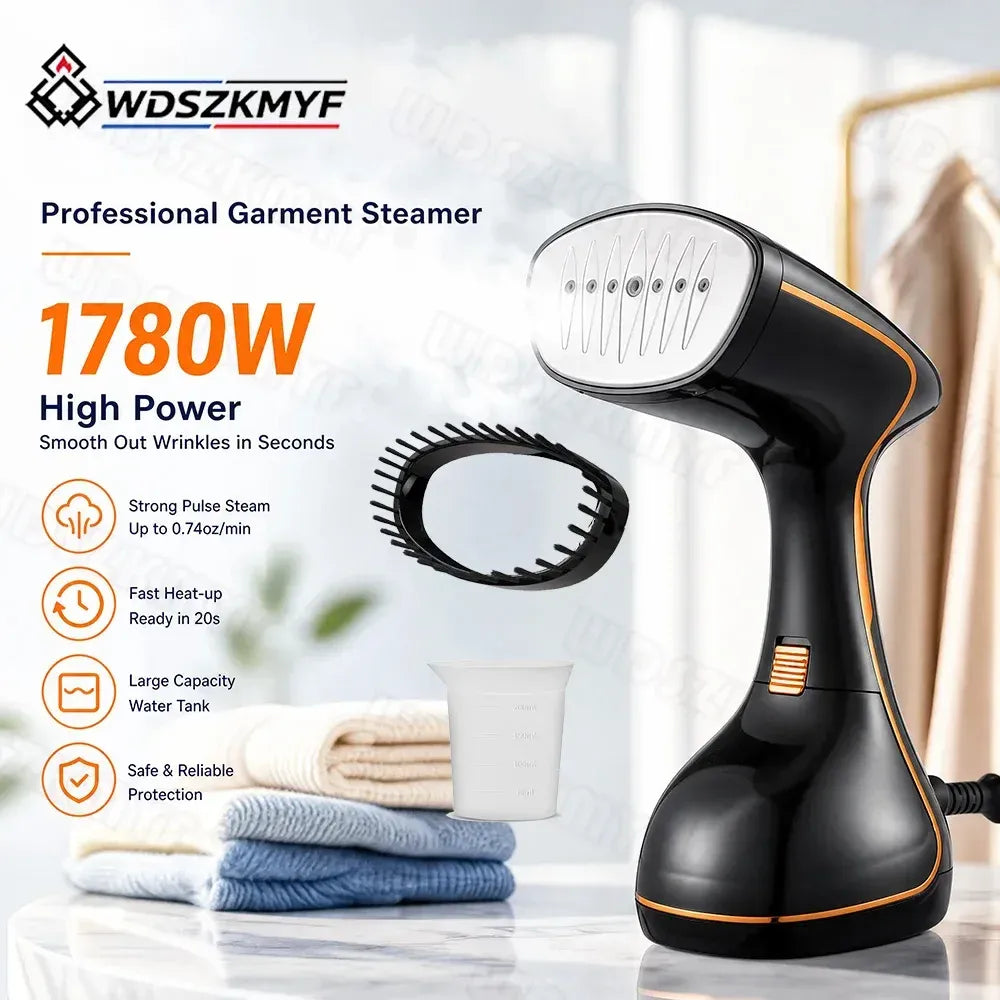 Garment steamer for clothes with 1780W power, fabric brush attachment, and measuring cup on a marble table.