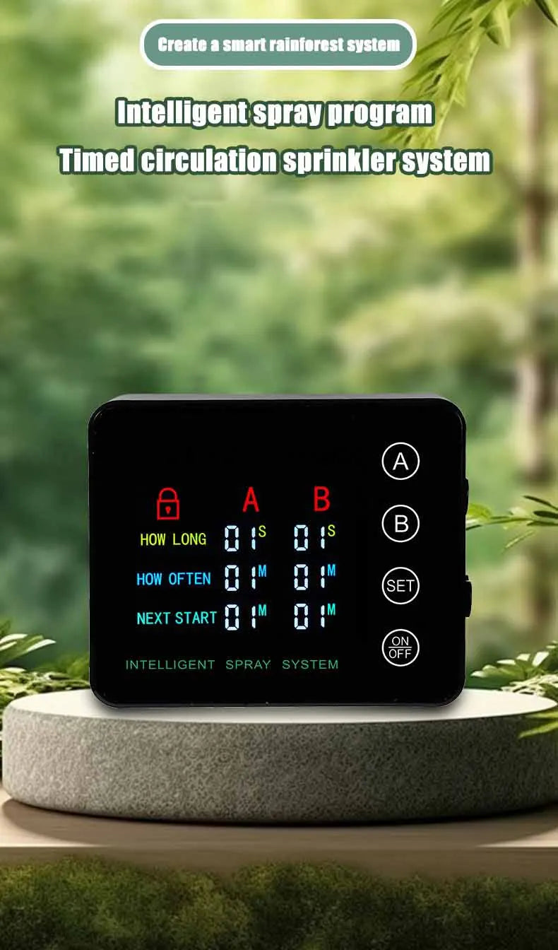 Automatic mist spray system controller on a stone base with timer display and controls