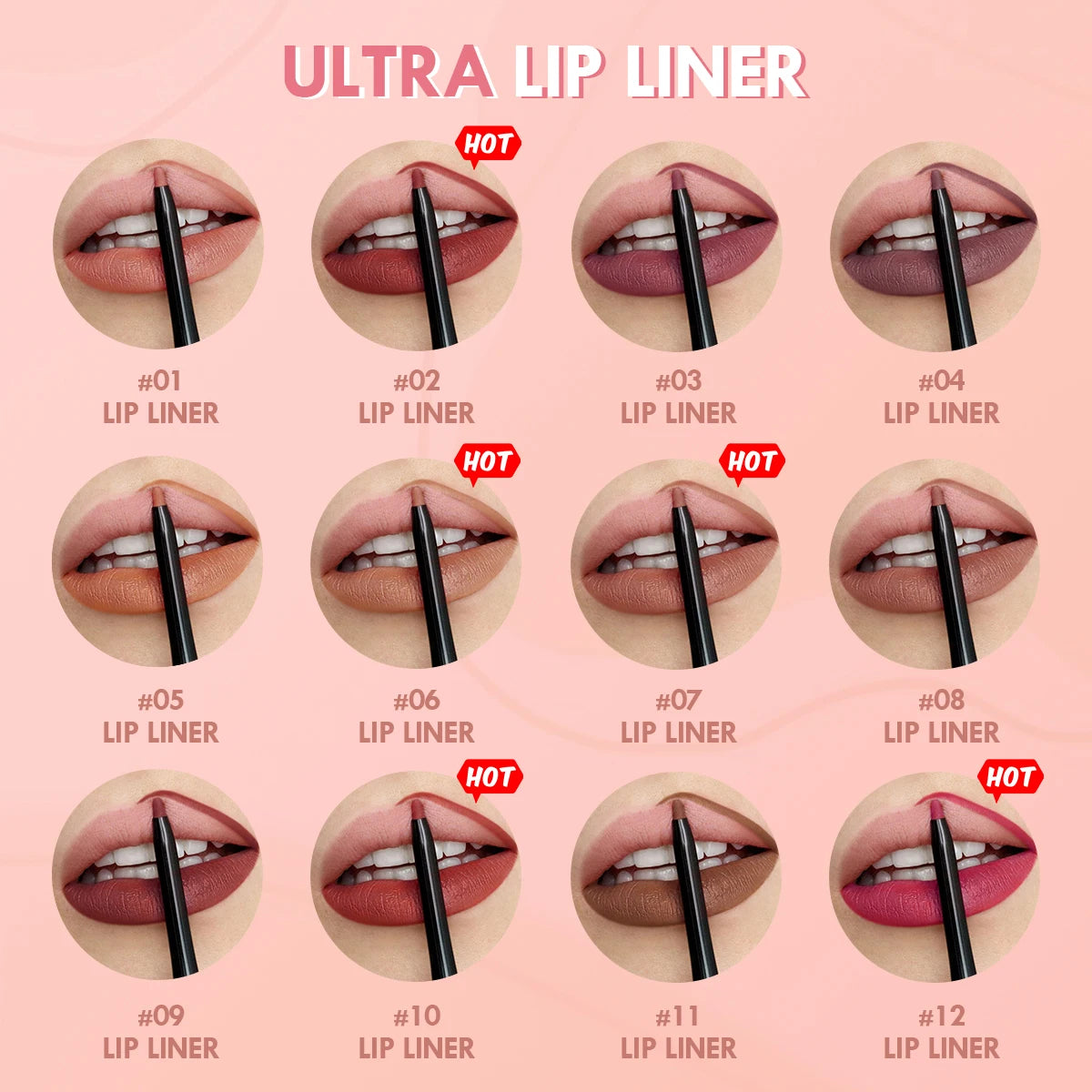 12-color waterproof matte lip liner set showing long-lasting, smudge-proof lip makeup swatches on lips.