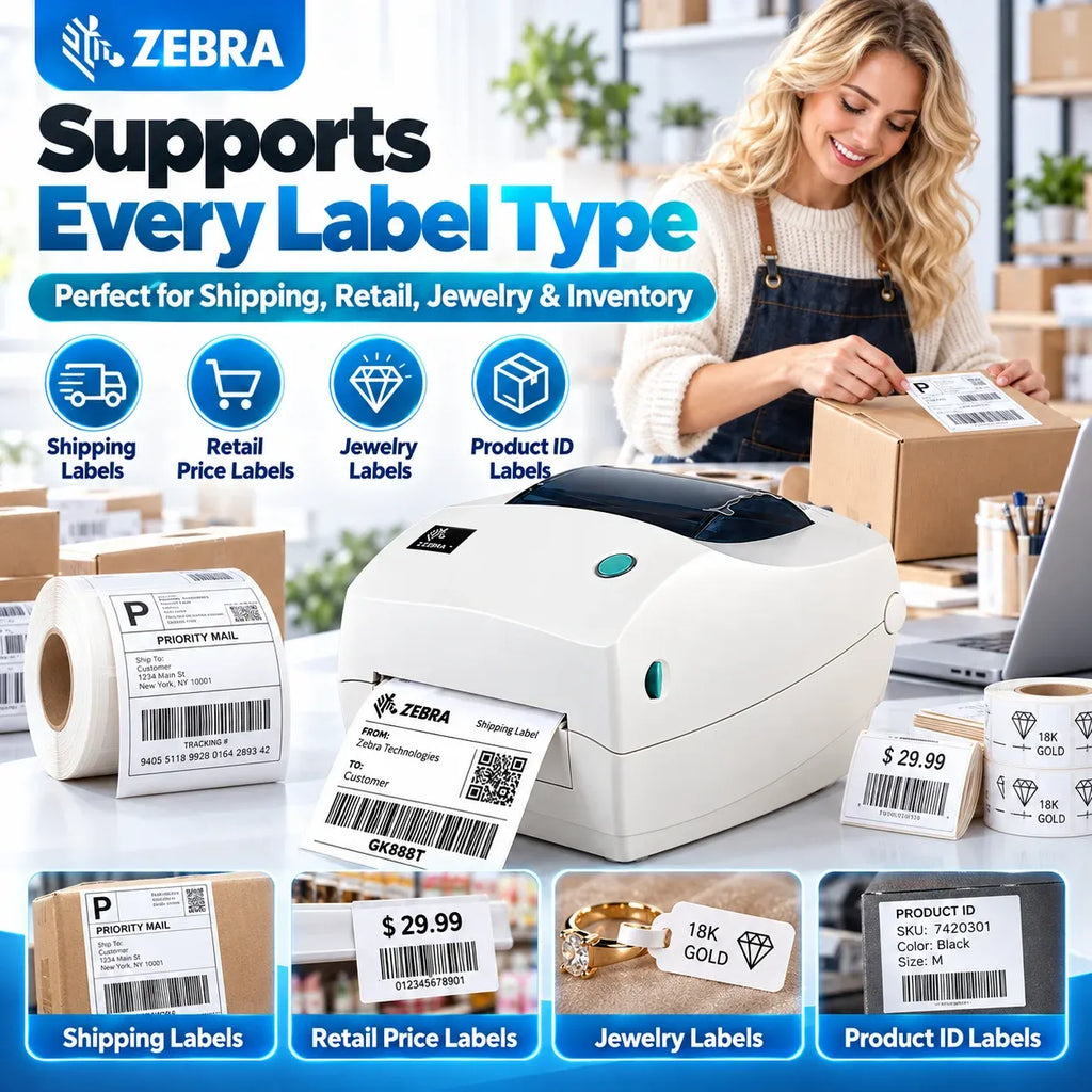 Desktop label printer printing shipping labels for parcels and inventory packaging