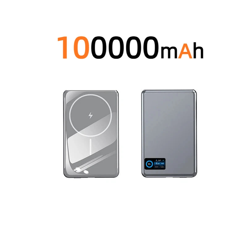 Magnetic Fast Charging Power Bank - High Capacity Travel Battery Pack Silver 100000mAh Tidesmit