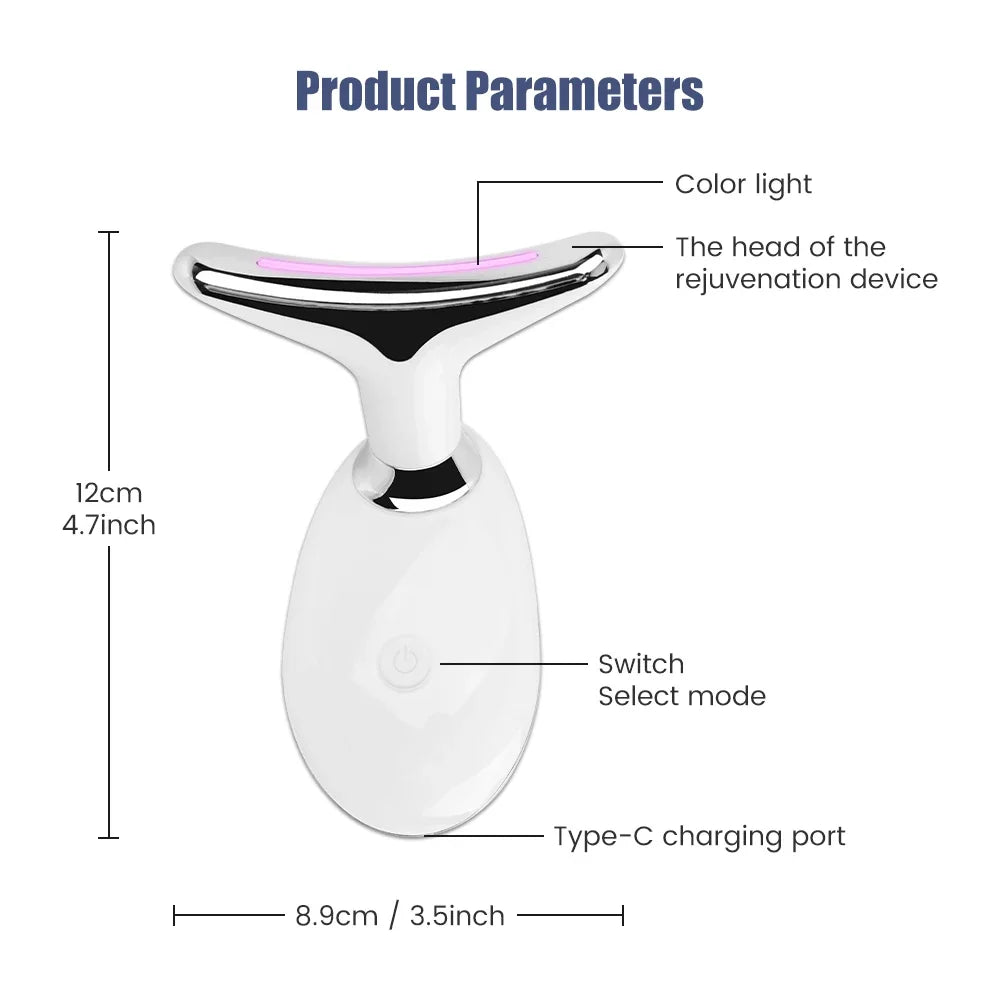 White LED neck beauty device with a T-shaped head, power button, and dimension labels for size reference.
