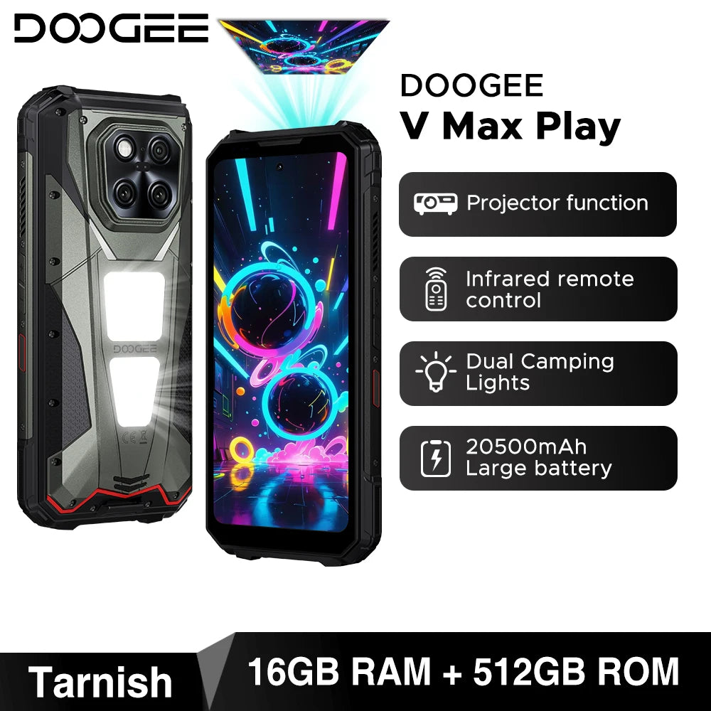 DOOGEE V Max Play 5G Projector Rugged Phone 6.78" 120Hz 20500mAh Dual Camping Lights16GB+512GB 200MP Main Camera NFC Smartphone