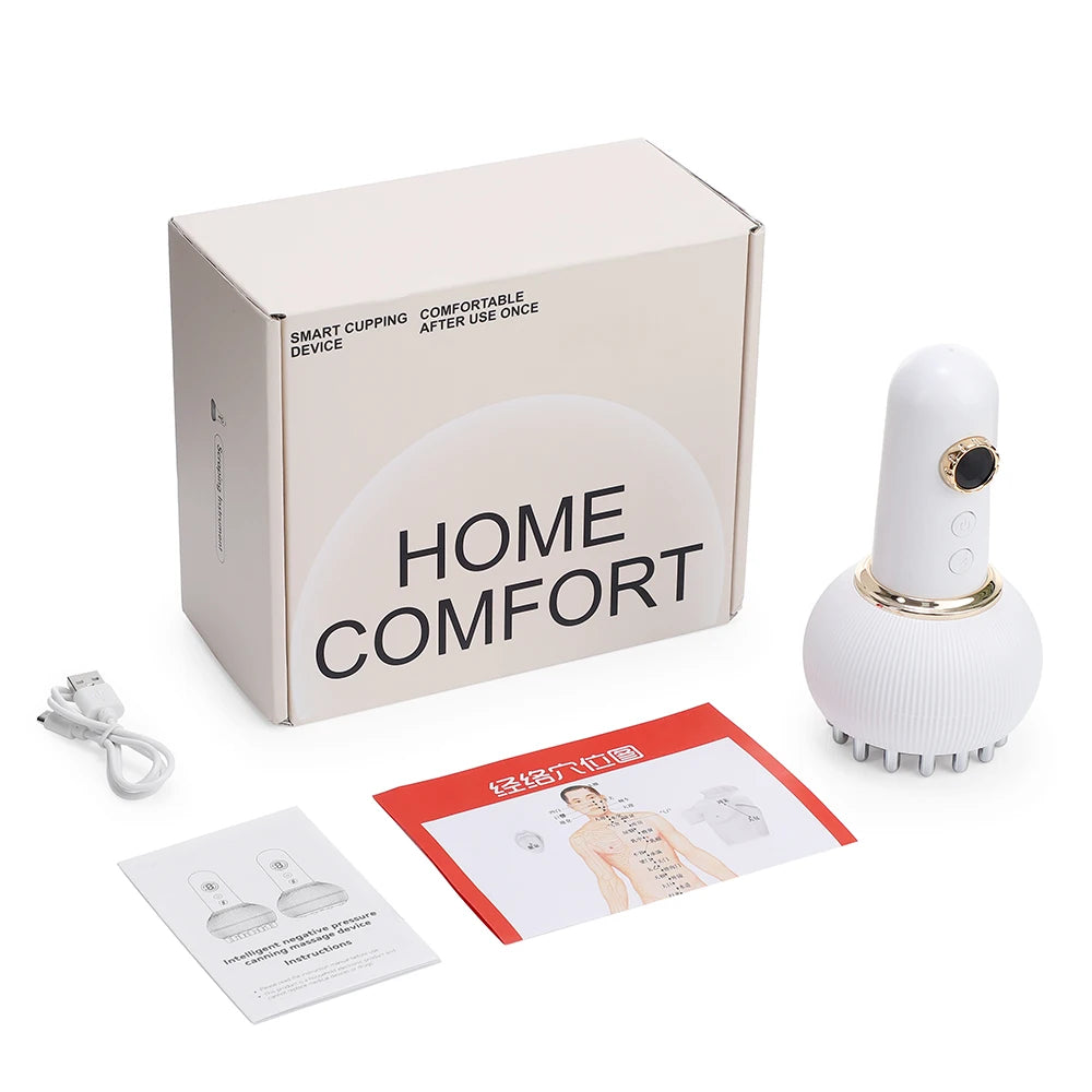 White 9-gear electric meridian brush for body massage, Gua Sha, and hot compress with charging cable and manual.