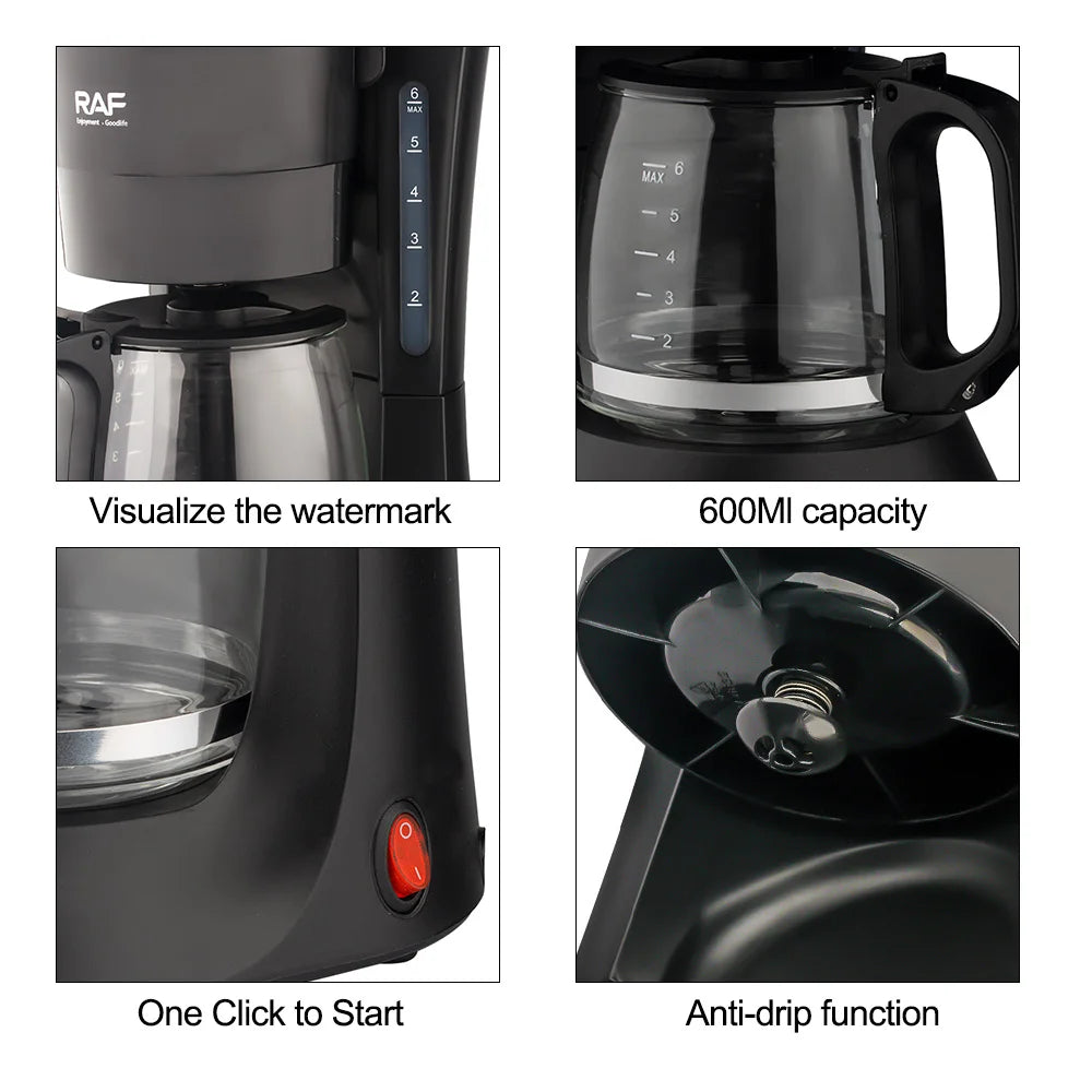 RAF 600ml black drip coffee maker with glass carafe, water level indicator, and one-touch power button.