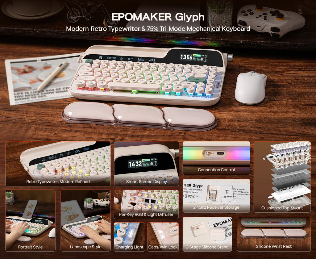 EPOMAKER Glyph 75% ANSI US Layout Wired/2.4Ghz/BT Wireless Typewriter Retro Mechanical Keyboard with TFT Screen & Rotary Knob