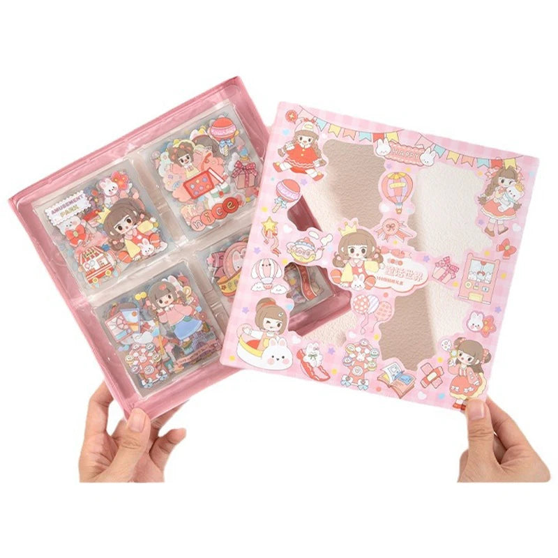 20pcs cute cartoon PET scrapbooking stickers in a pink box, perfect for kawaii DIY handbook decoration and journaling.
