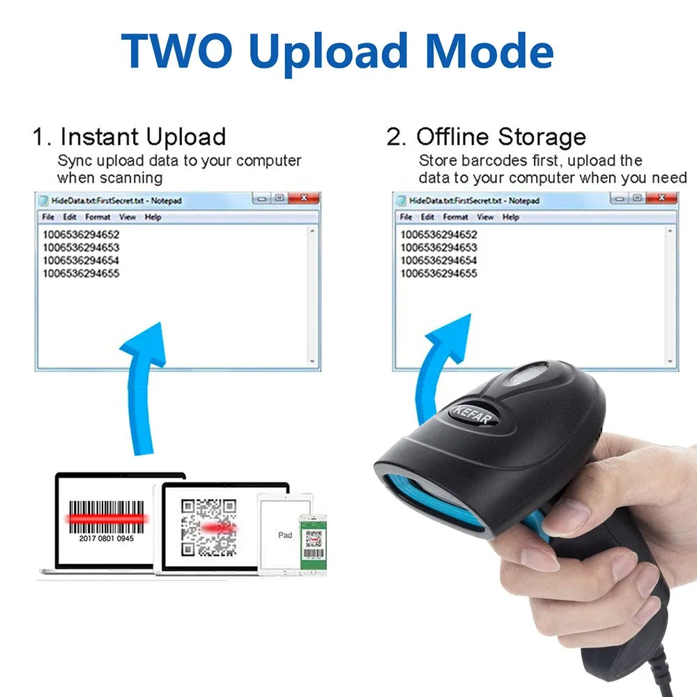 Black handheld wireless 2D barcode scanner showing use in instant upload mode