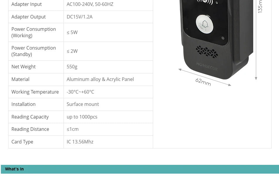 4 Wire IP65 HD Doorbell Camera 13.56Mhz IC Card Access 120° View Angle For HOMSECUR 1080P Tuya WIFI Video Doorbell Intercom