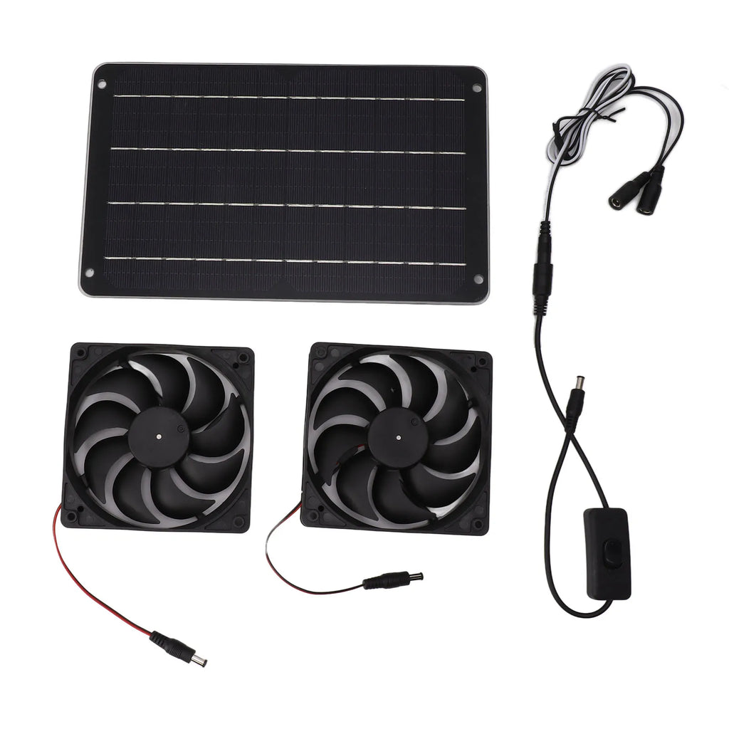20W solar-powered dual fan kit for pet houses, RVs, and greenhouses for efficient, energy-saving cooling.