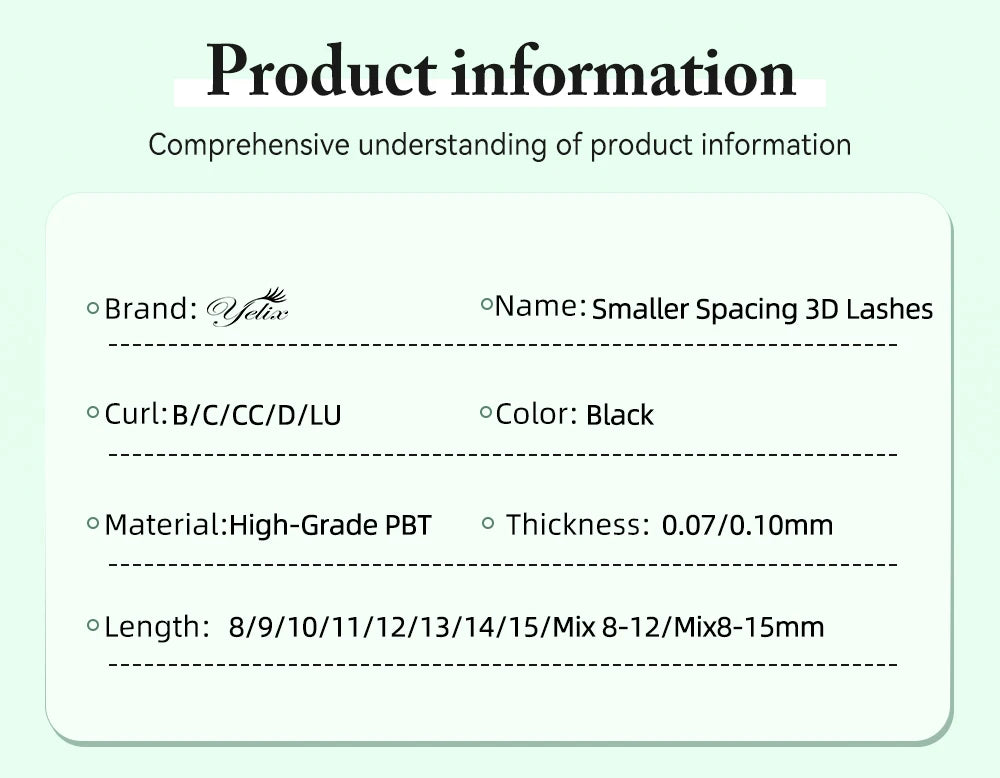 Product info card for Yelix black, PBT material, 3D W-shape eyelash extensions with various curls and lengths.