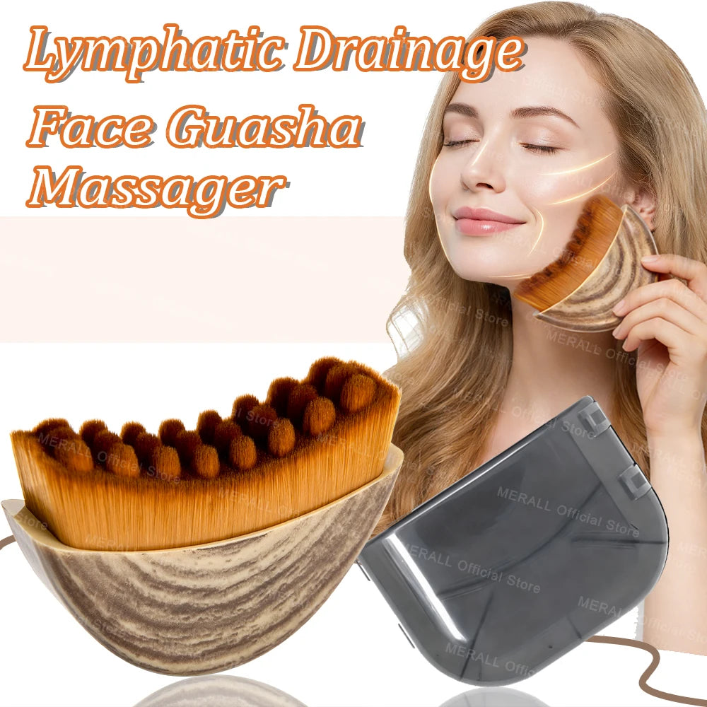 Curved facial massage brush with brown bristles and wood-patterned base, shown with a clear storage case.