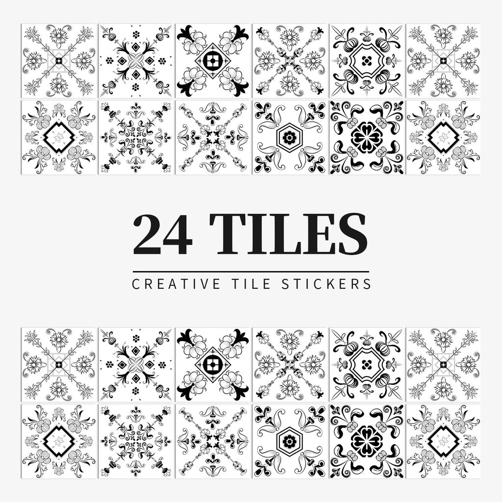 24 pcs/pack, Waterproof and Oil-proof, Easy To Clean, Black And White Simplicity Pattern Self-adhesive PVC Tile Stickers