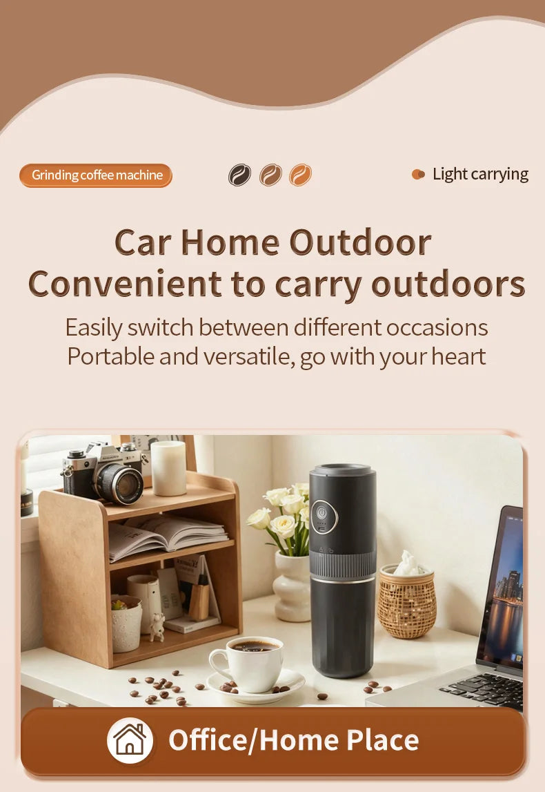 Portable black cylindrical electric coffee grinder and maker on a desk for home, office, or outdoor use.