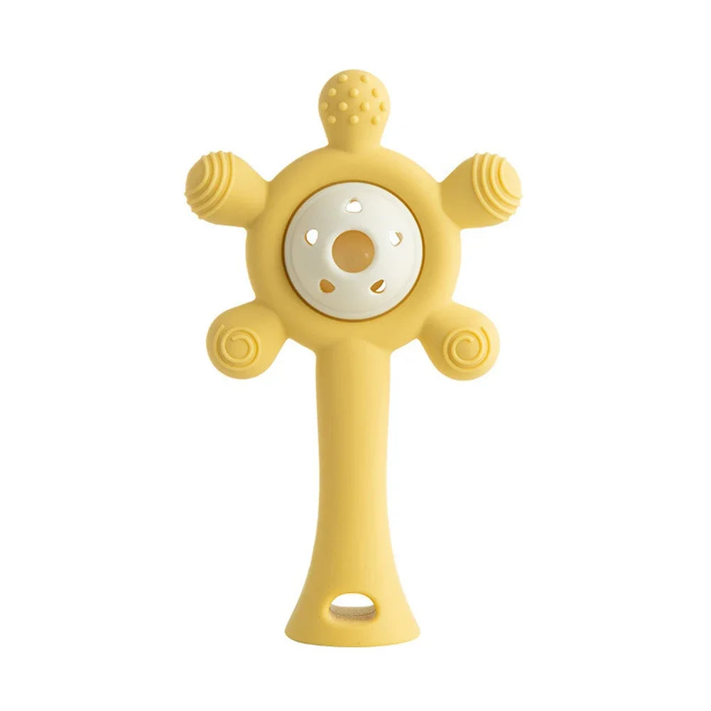 Yellow silicone baby teething toy for soothing gum pain.