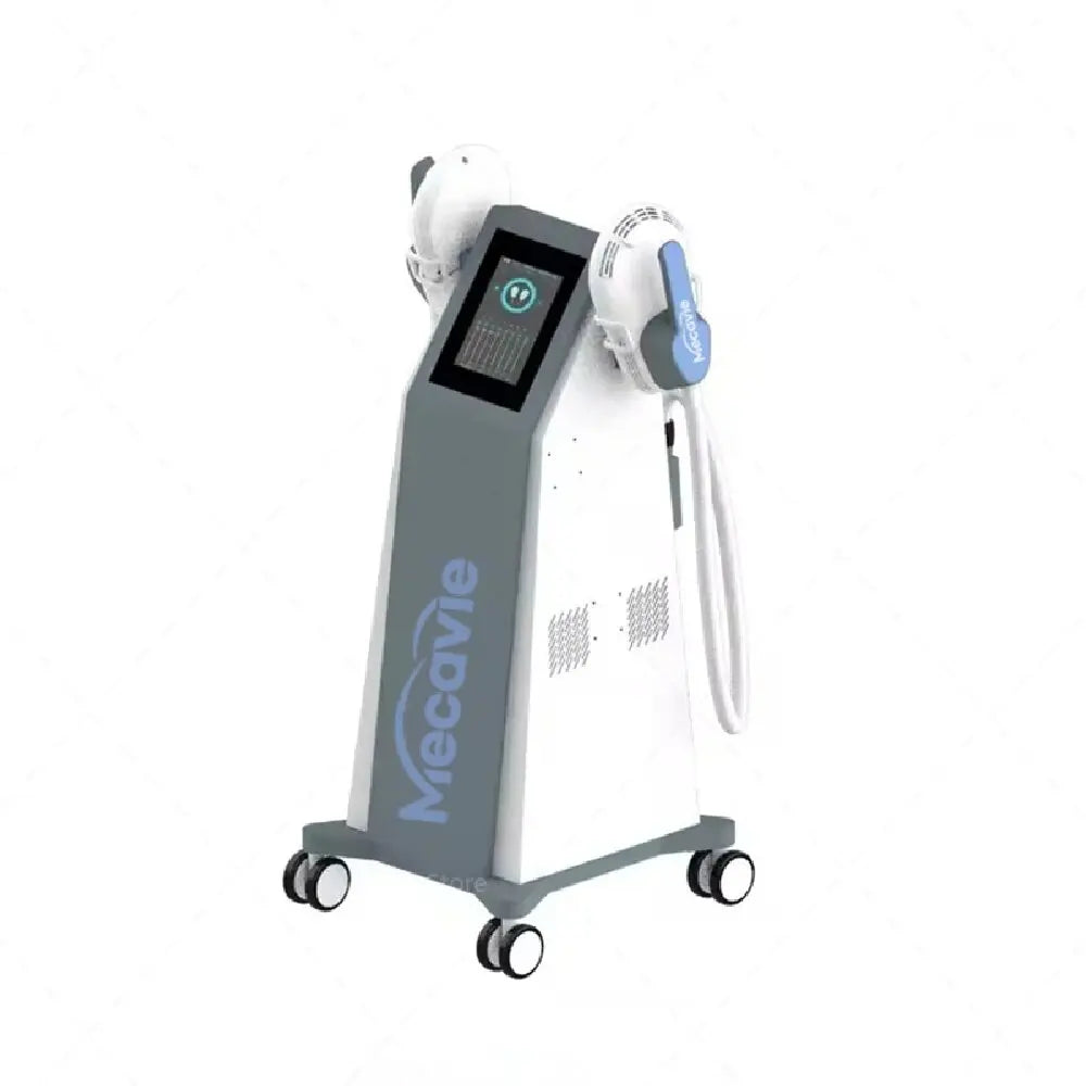 Mecavie 6500W professional EMS RF body shaper with 4 handles, touchscreen display, and rolling stand for muscle toning.