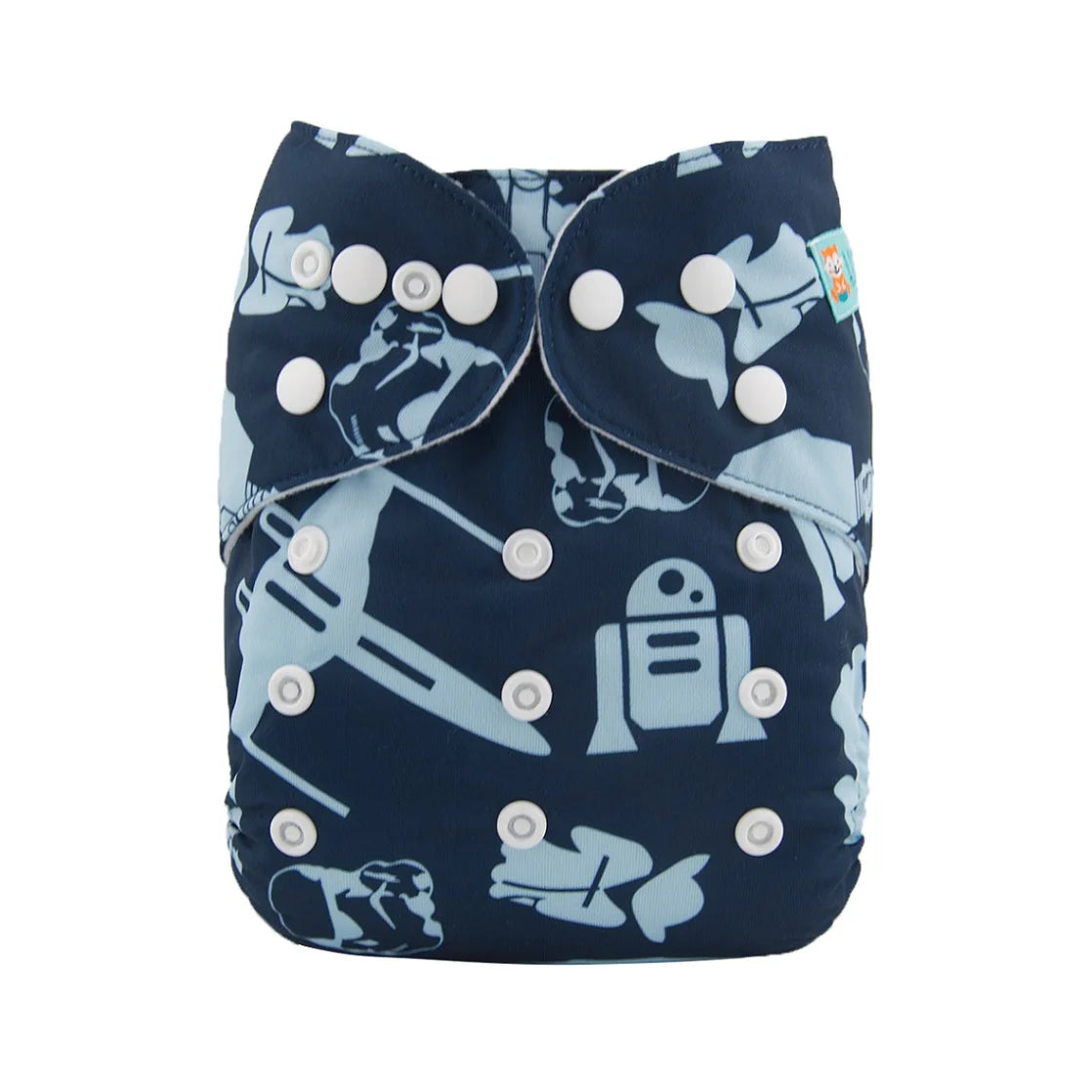 Reusable Star Wars print cloth diaper with adjustable snap closures for babies.