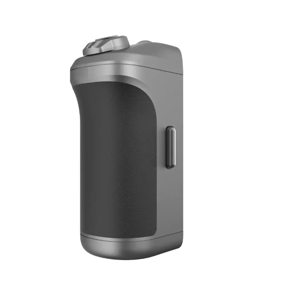Grey and black portable vape mod with a curved ergonomic metal frame and textured leather grip for handheld use.