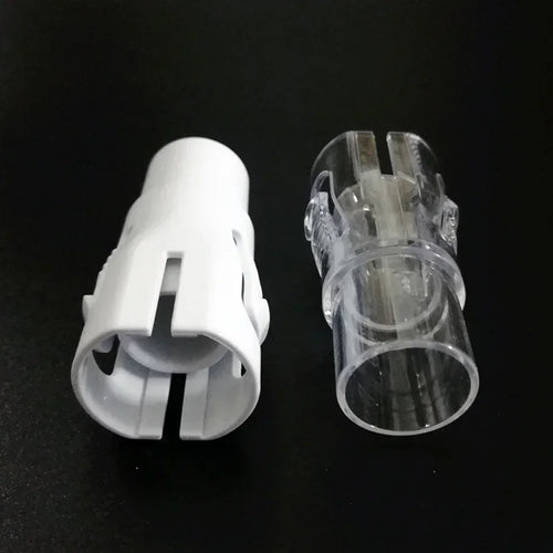 CPAP hose connector replacement parts in white and clear plastic for sleep apnea machine tubing.