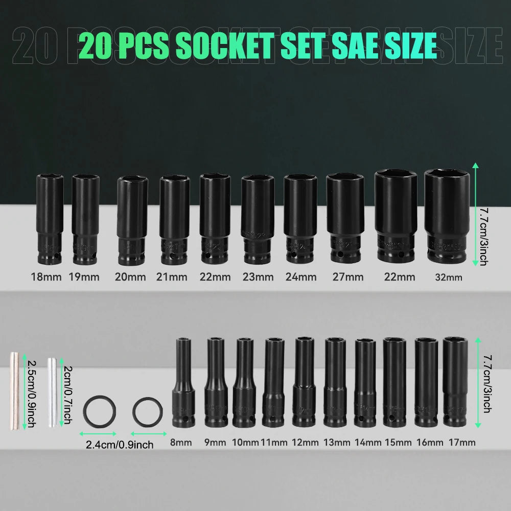 Podofo 20pcs 1/2 Inch Drive Socket Set 6 Point Hex Design Impact Socket Set Impact Wrench Nut Spanner Set Impact Socket 8-32mm