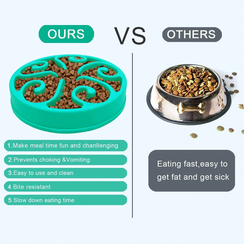 Teal non-slip slow feeder dog bowl to prevent choking and slow down fast eaters. Eco-friendly, durable pet food dish.
