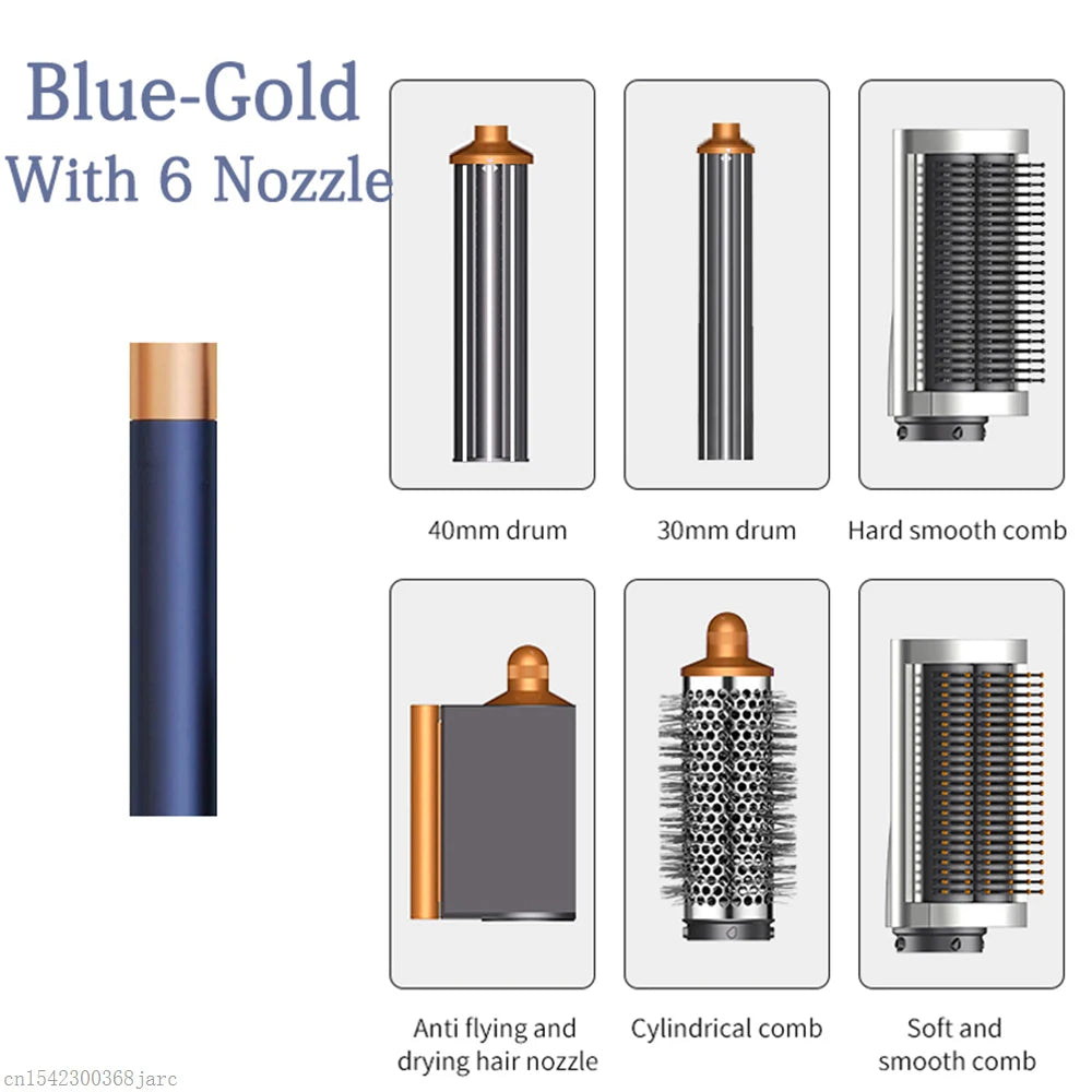 SenCiciMen X9 blue-gold multi-hair styler set with 6 attachments including curling drums, combs, and dryer nozzle.