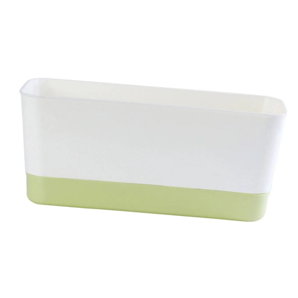 Rectangular window box planter with white body and light green base, side view.