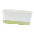 Rectangular window box planter with white body and light green base, side view.